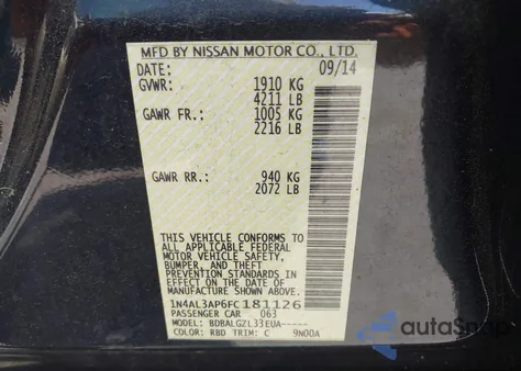2015 Nissan Altima from USA, damaged, VIN 1N4AL3AP6FC181126